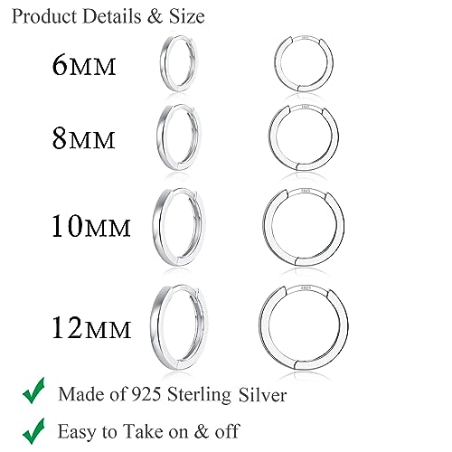 3 Pairs 925 Sterling Silver Hoop Earrings 14K White Gold Plated Small Silver Hoops Cartilage Huggie Earrings for Women Men - color: L-Silver 6/8/10/12mm