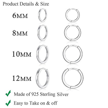 3 Pairs 925 Sterling Silver Hoop Earrings 14K White Gold Plated Small Silver Hoops Cartilage Huggie Earrings for Women Men - color: L-Silver 6/8/10/12mm