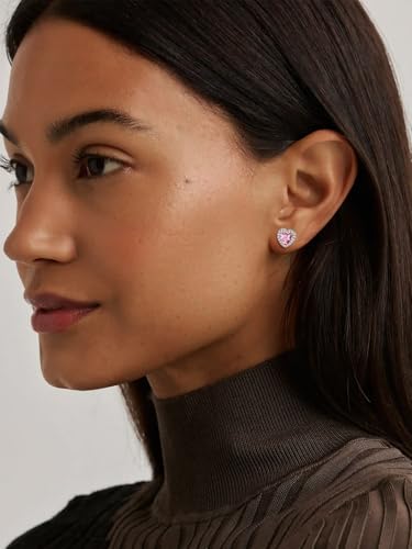 FindChic Birthstone Earrings for Women, Round/Heart/Square/Teardrop Earrings with 925 Sterling Silver Posts & Push Backs, Hypoallergenic Studs with Cubic Zirconia, 12 Months Jewelry with Gift Box - style: 10. October-Pink Tourmaline (Heart-Silver)