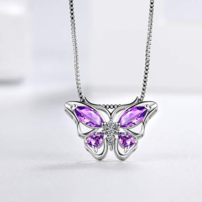 Aurora Tears Butterfly Jewelry,Women 925 Sterling Silver Butterflies Birthstone Pendant Necklace/Earrings/Rings Wedding Gift - color: B.February-set 2