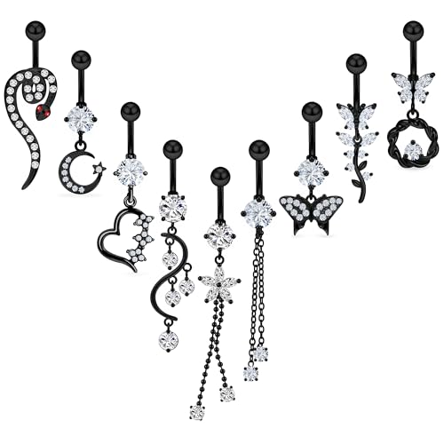 Vsnnsns 14G Dangle Belly Button Ring Piercing Jewelry 316L Stainless Surgical Steel Snake Heart Butterfly Flower Diamond CZ Navel Rings Dangling Belly Button Ring Piercing Jewelry for Women 14 Gauge - color: Black Tone