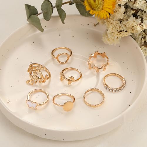 iF YOU 25 Pcs Gold Stackable Ring Set for Women, Chunky Knuckle Finger Midi Rings, Silver Simple Stacking Cute Rings Pack Trendy Stuff Jewelry Gift - style: 24 Gold leaf-size 6-9