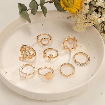 iF YOU 25 Pcs Gold Stackable Ring Set for Women, Chunky Knuckle Finger Midi Rings, Silver Simple Stacking Cute Rings Pack Trendy Stuff Jewelry Gift - style: 24 Gold leaf-size 6-9