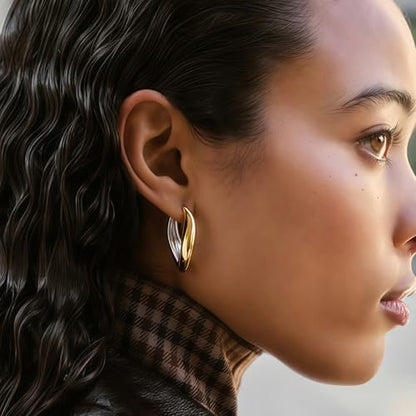 Trendy Two Tone Gold and Silver Oval Hoop Earrings, 14K Gold Plated | 925 Sterling Silver Post, Twisted Oval Design, Lightweight Small Chunky Huggie Hoops, Statement Jewelry Gift for Women
