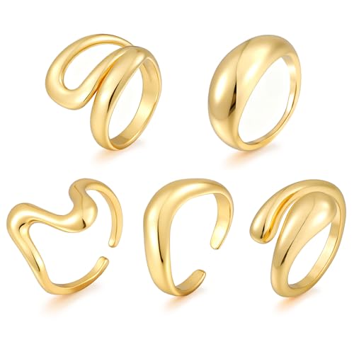 17 MILE Chunky Gold Stackable Rings for Women Non Tarnish, 18K Gold-Plated Statement Open Stacking Rings, Knuckle Band Ring Set - color: Gold 5 Pcs