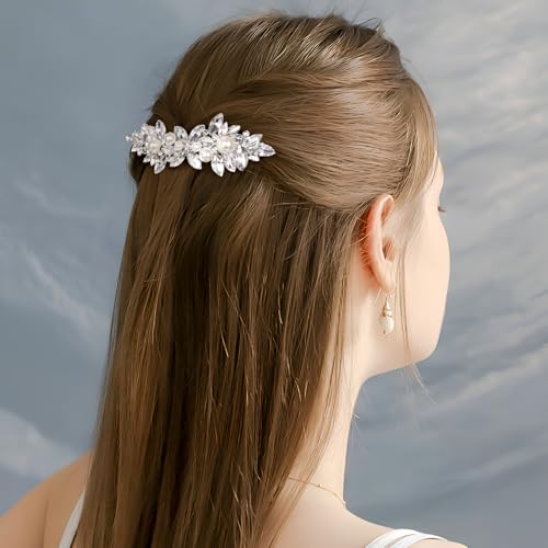 Joez Wonderful 2 Pcs Rhinestone Hair Clips, Silver Bridal Hair Accessories for Women, Sparkly Crystal Hair Pins, Fancy Flower Hair Barrettes for Wedding, Bride (Pearl) - color: Pearl (2pcs)