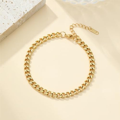 Dainty Ankle Bracelets for Women 18K Gold Plated Waterproof | Satellite Beaded Herringbone Lip Chain Anklets Simple Minimalist Summer Beach Foot Jewelry, Gift Box Included - color: Cuban-Gold