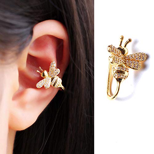 Cute Bee Ear Cuff Earrings 14K Gold Plated CZ Crystal Cartilage Wrap Non Piercing Clip Earring for Women Hypoallergenic