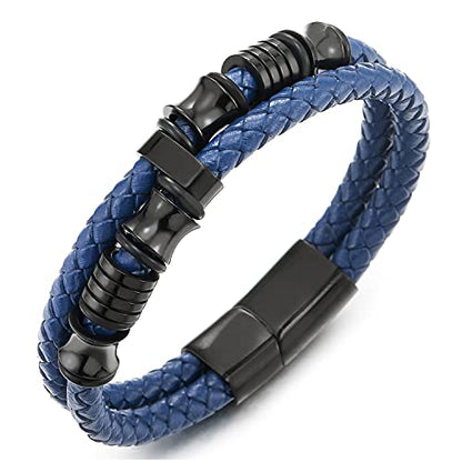 COOLSTEELANDBEYOND Mens Double-Row Braided Leather Bracelet Bangle Wristband with Black Stainless Steel Ornaments - color: L-Blue
