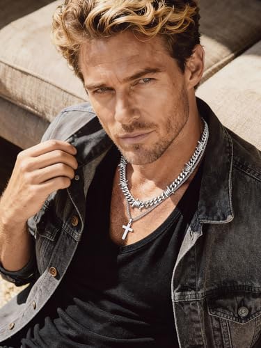 Bandmax Stainless Steel Barbed Wire Cuban Chain Necklace for Men & Women | Edgy Fierce Design, Waterproof & Tarnish Resistant, Silver/Black Tone, 5/7/9/12MM, 16-22 Inches, Street Punk Style Jewelry - color: A4 9MM+Layering Cross-Silver, size: 16 Inch (40c