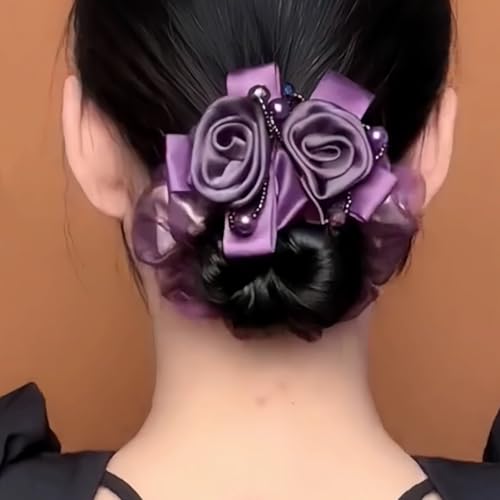 Satin Hair Scrunchie with Rose Flower, Brown and Gold, Pearl Beads, Ribbon Bow, Hair Tie Accessory, 9cm (purple) - color: purple
