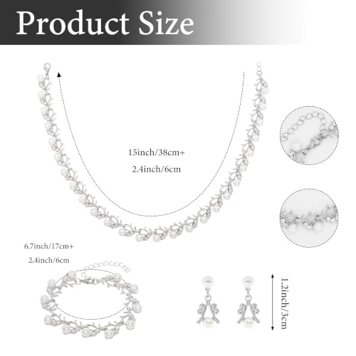 Rhinestone Pearl Jewelry Set Bracelet Necklace Earring for Women | Adjustable Extension Chain, Wedding Bridal Accessories, Faux Pearl Rhinestone Combo, Elegant Gift for Women - color: Silver