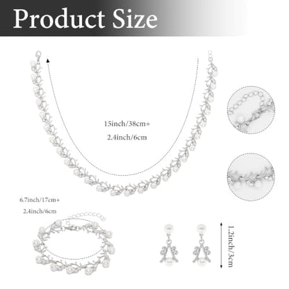 Rhinestone Pearl Jewelry Set Bracelet Necklace Earring for Women | Adjustable Extension Chain, Wedding Bridal Accessories, Faux Pearl Rhinestone Combo, Elegant Gift for Women - color: Silver