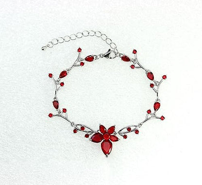 Faship Gorgeous CZ Crystal Floral Necklace Earrings Set - color: Red / Matching Bracelet