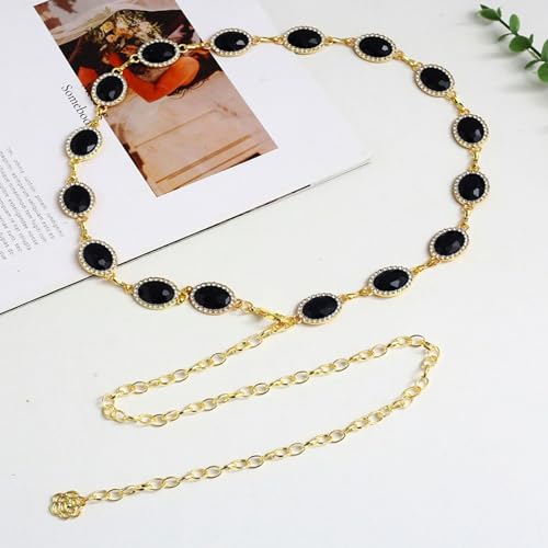 Womens Chain Belt with Jewelry Inlaid Thin Waistband Fashion Waist Belts for Dress Jeans - color: Black