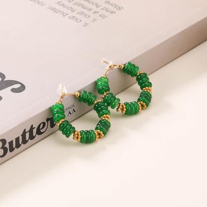 Wellike Beaded Hoop Earrings for Women Natural Stone Pink Gold Huggie Earrings Hypoallergenic Dainty Waterproof Trendy Jewelry - color: green, size: 30mm