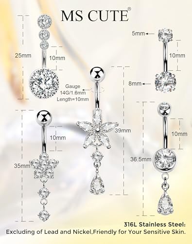 5PCS Belly Button Rings for Women Girls, 14G Surgical Steel Navel Rings Set, Gold & Silver CZ Dangle Body Piercing Jewelry - color: Silver-Flower