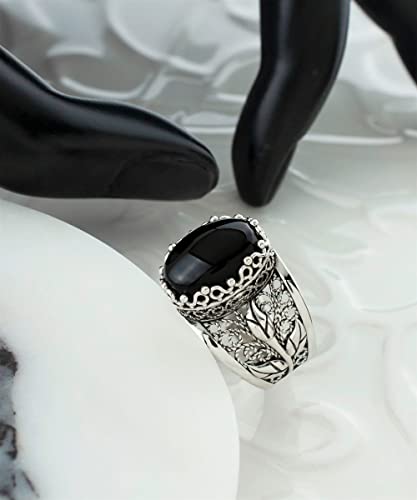 Filigranist 925 Sterling Silver Filigree Art Lace Embroidery Tulip Detailed Gemstone Women Cocktail Ring, Luxurious Gift Boxed - color: Black Onyx