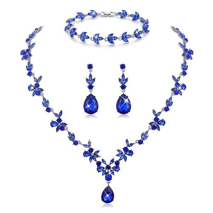 Kamirola Bridal Jewelry Set, Jewelry Set for Women, Necklace Dangle Earrings Bracelet Set, White Gold Plated (TR76) - color: Blue