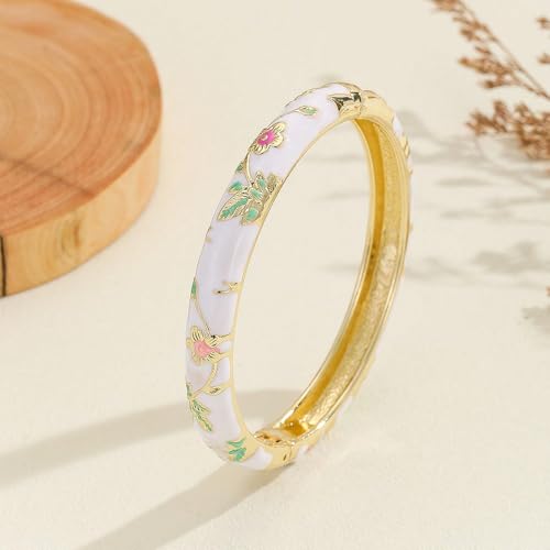 Cloisonne Bracelet For Women, Chunky Bangle Trendy Cute Flower Enamel Bangles Multi Tone Engraved Cuff Gold Plated Bracelets Stackable Wife Jewelry Friendship Gift - color: Light Blue