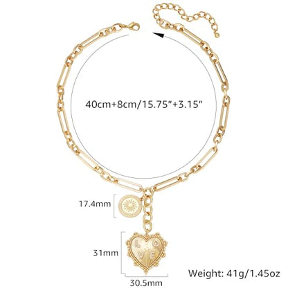 Chunky Gold Necklace for Women, 18K Waterproof Heart Necklace Statement Necklace Gold Charm Necklace Chunky Jewelry Paperclip Chain Choker Gift for Women - style: Shine Heart Pendant