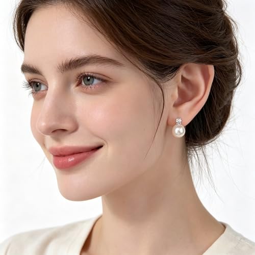 10mm White Faux Pearl Stud Earrings with 3mm Cubic Zirconia Inlay, Hypoallergenic Lightweight S925 Silver Post Earrings for Women