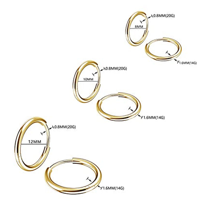 Osayia 316L Surgical Stainless Steel Small Hoop Earrings 8mm 10mm 12mm Hypoallergenic Huggie Thin Hoop Earrings Helix Lobes Hinged Sleeper Earrings Men Women for Cartilage Piercings - color: E: Gold (Diameter 8mm/10mm/12mm),3 Pairs