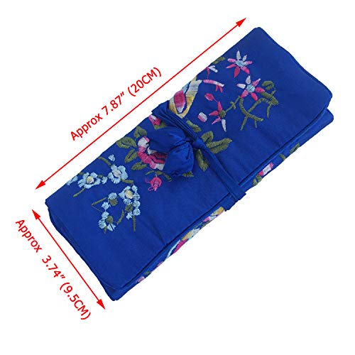 Travel Jewelry Roll Bag - Embroidered Brocade Pouch for Rings, Necklaces, Earrings, Bracelets | Lightweight & Tie Closure (Royal Blue) - color: Royal Blue