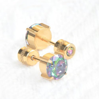 Titanium Flat Back Surgical Stainless Steel Stud Earrings for Women Men,Birthstone Stud Earrings Hypoallergenic Double Side 5A Cubic Zirconia Studs Jewelry 6mm - color: Golden-Rainbow CZ