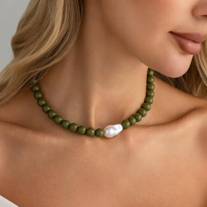 Colorful Faux Baroque Pearl Resin Beaded Choker Necklace Summer Tropical Jewelry for Women - color: Olive Green