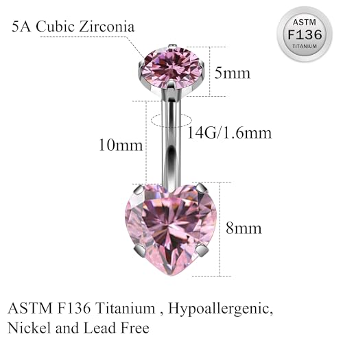 ASTM F136 Titanium Belly Button Rings 14G CZ Heart Belly Navel Rings 10mm Bar Body Piercing Jewelry Navel Ring With 1PCS Curved Piercing Taper - color: Pink CZ