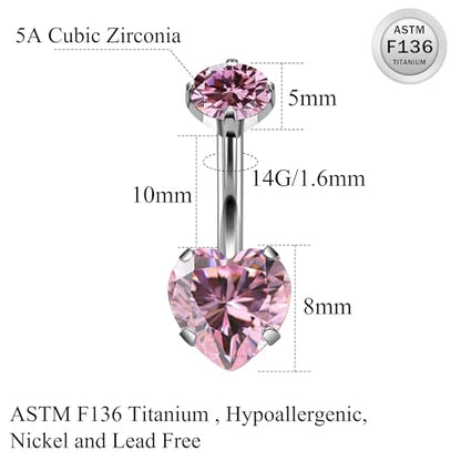 ASTM F136 Titanium Belly Button Rings 14G CZ Heart Belly Navel Rings 10mm Bar Body Piercing Jewelry Navel Ring With 1PCS Curved Piercing Taper - color: Pink CZ