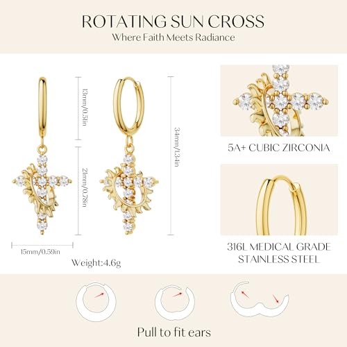 Gold Dangle Earrings for Women,Horseshoe Hoop Huggie Earrings with Heart Cubic Zirconia Hypoallergenic Lightweight Dangling Earrings Lucky Jewelry Gifts Perfect for Christmas,Birthday,Anniversary - style: Cross with Sun