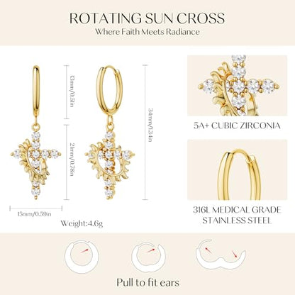 Gold Dangle Earrings for Women,Horseshoe Hoop Huggie Earrings with Heart Cubic Zirconia Hypoallergenic Lightweight Dangling Earrings Lucky Jewelry Gifts Perfect for Christmas,Birthday,Anniversary - style: Cross with Sun