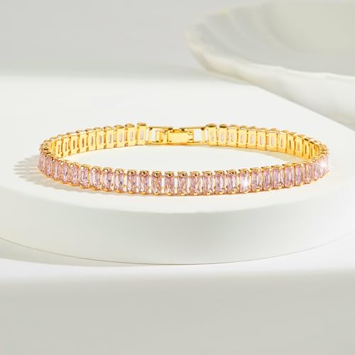 18K Gold Plated 5.0mm Pink Cubic Zirconia Tennis Bracelet|5.9-7.5in Multi-Size Classic Women's Tennis Bracelet - size: 5.9 inch/15cm