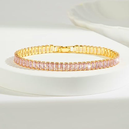 18K Gold Plated 5.0mm Pink Cubic Zirconia Tennis Bracelet|5.9-7.5in Multi-Size Classic Women's Tennis Bracelet - size: 5.9 inch/15cm