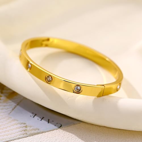 Women's Stainless Steel 18K Gold-Plated Cubic Zirconia Bracelet, Love and Friendship Jewelry Bracelet, Cuff Crystal Jewelry for Mother's Day, Father's Day, Valentine's Day, the Best Gifts for Married and Birthdays - color: Zircon Gold