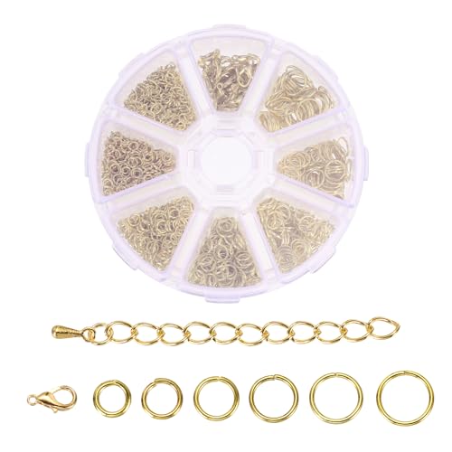 MECCANIXITY 1320Pcs Jump Rings for Jewelry Making, 8 Sizes Jewelry Making Kit with Lobster Clasps & Chains for Keychains Earings Necklace Repairing DIY Gold - color: Gold