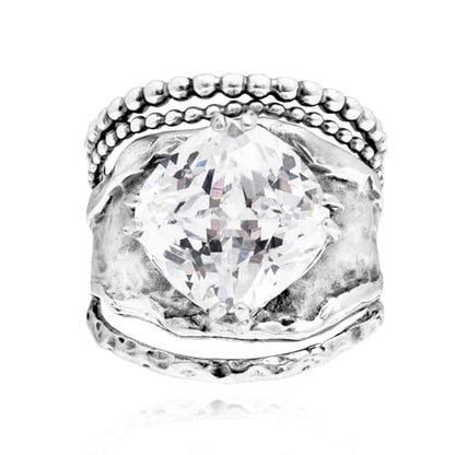 JEAN RACHEL JEWELRY 925 Sterling Silver Prong Solitaire Ring | Raised crown engagement style ring mounting a precision faceted brilliant Cubic Zirconia solitaire over stacked silver rows. - color: White CZ