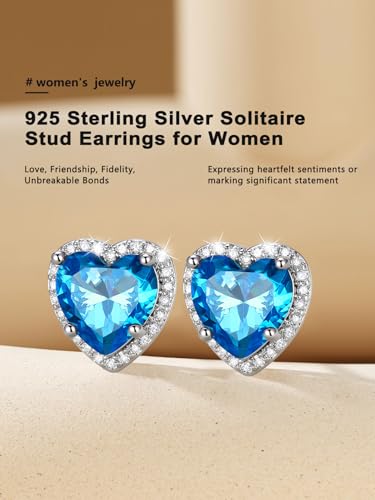 Bestyle Authentic 925 Sterling Silver 2 Carat Birthstone Earrings for Women, More Sparkle Heart/Round Solitaire Diamond Studs Earrings, Great Birthday/Christmas/Anniversary Jewelry for Wife Mother - color: 12. Dec. Blue Topaz-Heart