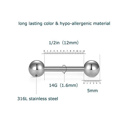 VCMART 12mm-18mm 14G Tongue Rings Nipple Straight Barbells Surgical Steel Body Piercing Jewelry - style: Style D -6pcs, silver