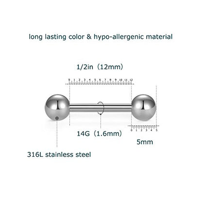 VCMART 12mm-18mm 14G Tongue Rings Nipple Straight Barbells Surgical Steel Body Piercing Jewelry - style: Style D -6pcs, silver