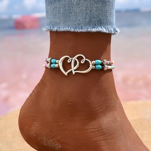 Qceasiy Shell Ankle Bracelets for Women, Boho Beaded Beach Anklet Set | Seashell, Heart, Starfish and Conch Styles, Gold-Tone, Stretch or Adjustable Fit, Layered Beach Vacation Jewelry Gifts - color: Colorful 1