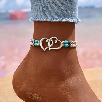 Qceasiy Shell Ankle Bracelets for Women, Boho Beaded Beach Anklet Set | Seashell, Heart, Starfish and Conch Styles, Gold-Tone, Stretch or Adjustable Fit, Layered Beach Vacation Jewelry Gifts - color: Colorful 1