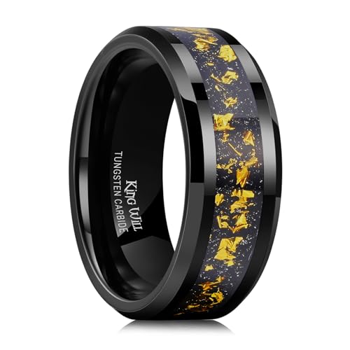 King Will Mens Wedding Band with Foils Inlay, Black/Silver/Gold Beveled Edge Glowstone Ring, 6mm/8mm Tungsten Carbide Rings Comfort Fit - color: Black&Colorful Gold-8mm