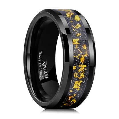 King Will Mens Wedding Band with Foils Inlay, Black/Silver/Gold Beveled Edge Glowstone Ring, 6mm/8mm Tungsten Carbide Rings Comfort Fit - color: Black&Colorful Gold-8mm