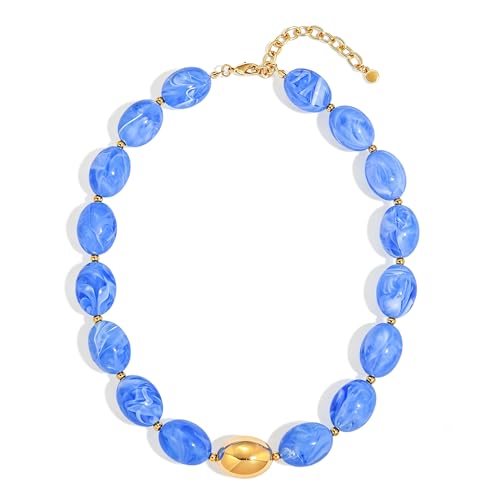 Chunky Beads Necklace for Women Trendy Gold Puffy Heart Choker Necklace Colorful Resin Beaded Heart Pendant Necklaces Statement Jewelry - color: Oval Beads-Blue