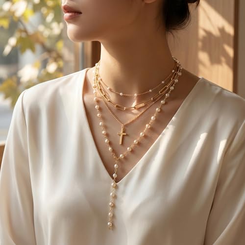 Layered Faux Pearl Necklaces for Women - Dainty Cross Choker Set. Beautiful Stackable Long Chain Jewelry Featuring Boho Pendant Accessories, Vintage Multilayer Drops