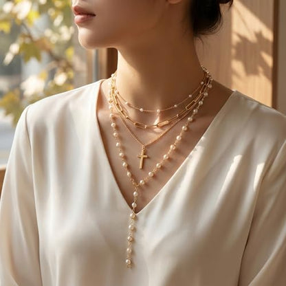 Layered Faux Pearl Necklaces for Women - Dainty Cross Choker Set. Beautiful Stackable Long Chain Jewelry Featuring Boho Pendant Accessories, Vintage Multilayer Drops