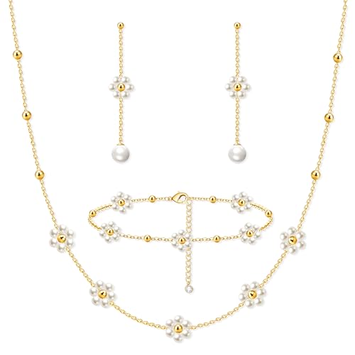 Zeffy Gold Pearl Necklace for Women, Dainty 14K Gold/Silve Plated Layered Pearl Choker Pearl Earrings Pearl Bracelets Wedding Trendy Gold Jewelry Set for Women Gifts - style: Gold Daisy Pearl Necklace&Drop Earrings&Bracelet-3PCS